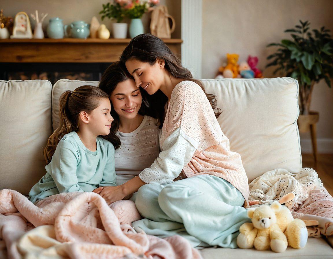 A serene and intimate scene of two mothers sharing a tender moment in a cozy living room, surrounded by warm ambient light, soft blankets, and a few children’s toys in the background. They are embracing, showcasing love and desire with a gentle touch. The atmosphere conveys comfort and closeness, with soft pastel colors enhancing the warmth. vibrant colors. soft focus.