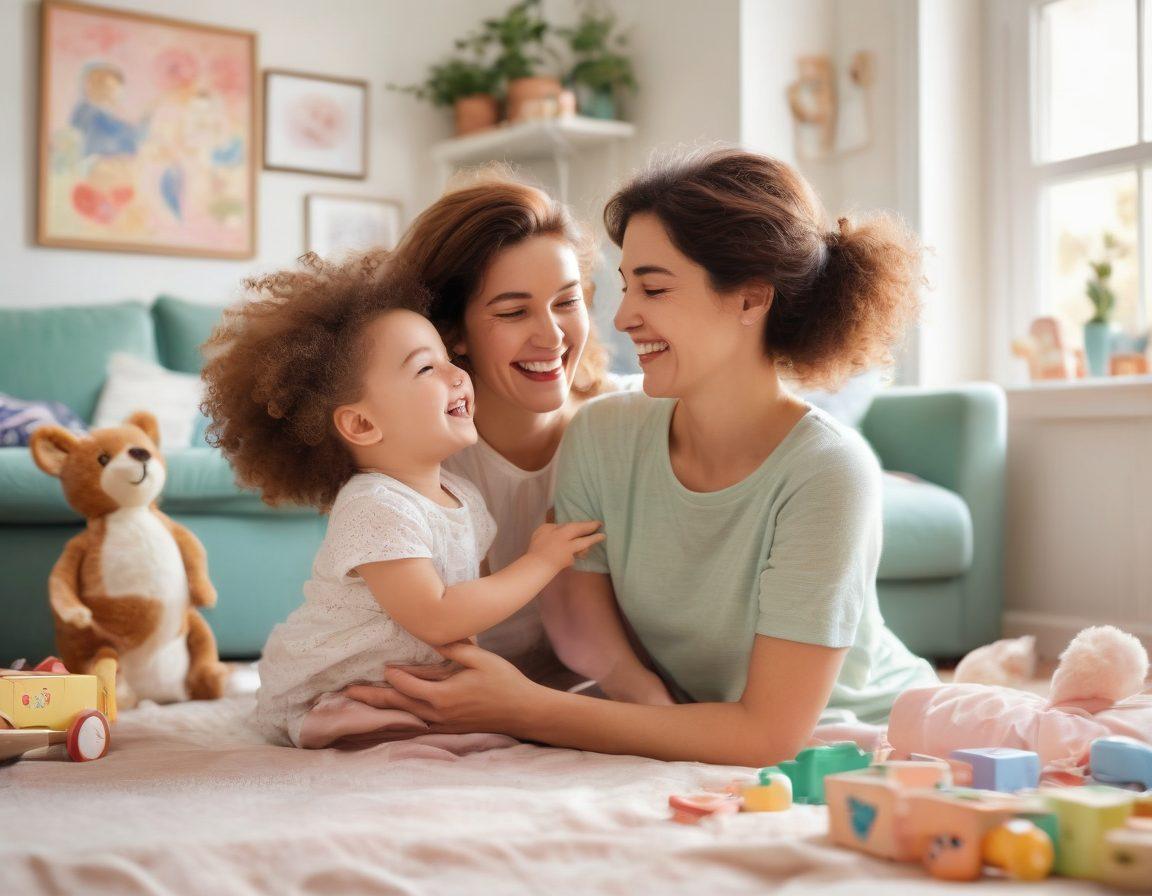 An intimate scene of a joyful mother playfully interacting with her partner in a cozy living room, surrounded by children's toys. The mother, with a playful smile and twinkling eyes, is mid-laughter, conveying a sense of warmth and humor. Soft pastel tones dominate the background, enhancing the mood of lightheartedness and love. The romantic partner is depicted with affection and engagement, representing mutual joy. Illustrate this in a soft, whimsical style with gentle, flowing lines.